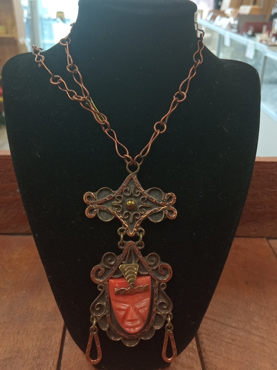 Jewelry - 1950s Mexico Copper and Carved Coral Pendant Aztec-themed Necklace